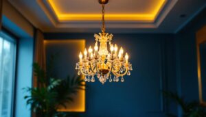 A photograph of a beautifully designed chandelier illuminating a stylish room
