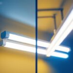 A photograph of a side-by-side comparison of t8 and t12 fluorescent light fixtures in a well-lit environment