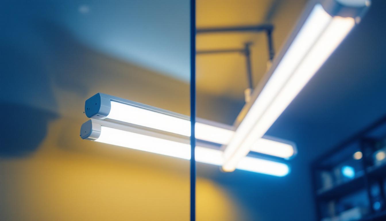 A photograph of a side-by-side comparison of t8 and t12 fluorescent light fixtures in a well-lit environment