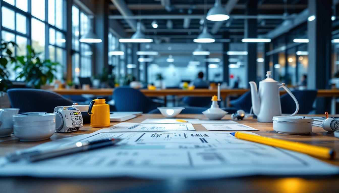 A photograph of a lighting contractor inspecting a well-lit commercial space