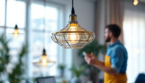 A photograph of a beautifully designed pendant light hanging in a modern interior setting