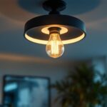 A photograph of a modern ceiling light fixture with led bulbs illuminating a stylish room