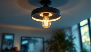 A photograph of a modern ceiling light fixture with led bulbs illuminating a stylish room