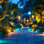 A photograph of a beautifully illuminated outdoor landscape showcasing various lighting installations