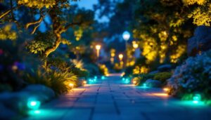 A photograph of a beautifully illuminated outdoor landscape showcasing various lighting installations