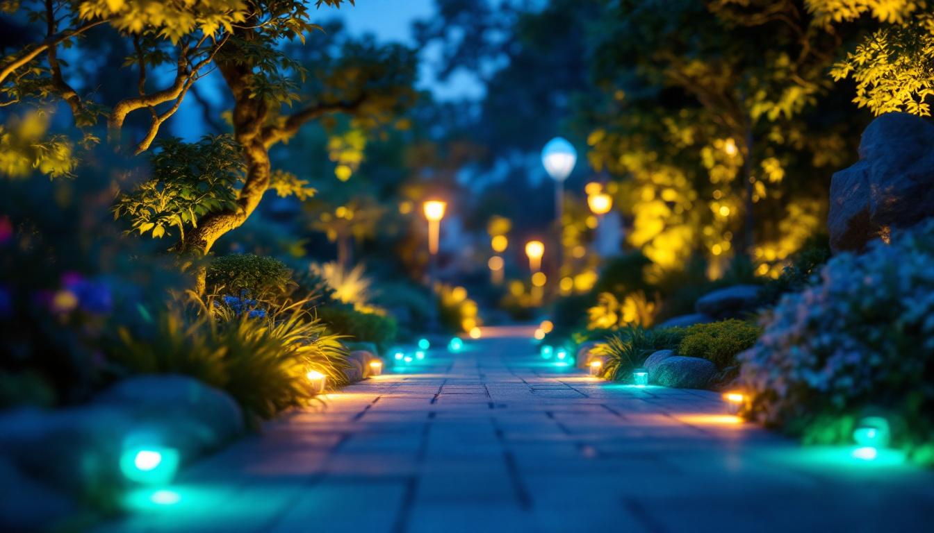 A photograph of a beautifully illuminated outdoor landscape showcasing various lighting installations