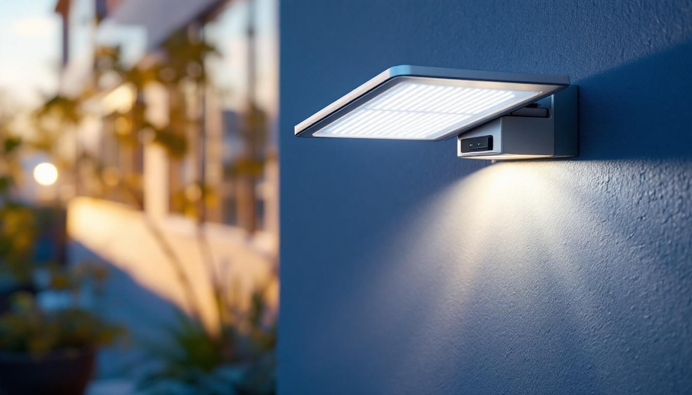 A photograph of a well-designed solar-powered lamp installed in a residential or commercial setting