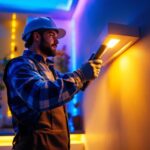 A photograph of a lighting contractor installing or showcasing a vibrant led strip fixture in a residential or commercial setting