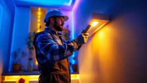 A photograph of a lighting contractor installing or showcasing a vibrant led strip fixture in a residential or commercial setting