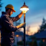 A photograph of a lighting contractor installing yard pole lights in a residential outdoor setting