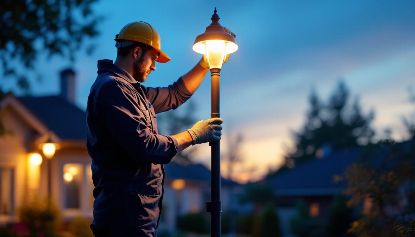 A photograph of a lighting contractor installing yard pole lights in a residential outdoor setting