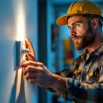 A photograph of a lighting contractor examining a light and fan switch installation in a well-lit room