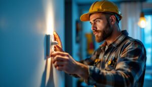 A photograph of a lighting contractor examining a light and fan switch installation in a well-lit room