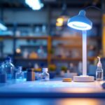 A photograph of a well-lit laboratory workspace featuring a modern lab lamp illuminating a detailed lighting installation project
