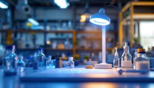 A photograph of a well-lit laboratory workspace featuring a modern lab lamp illuminating a detailed lighting installation project