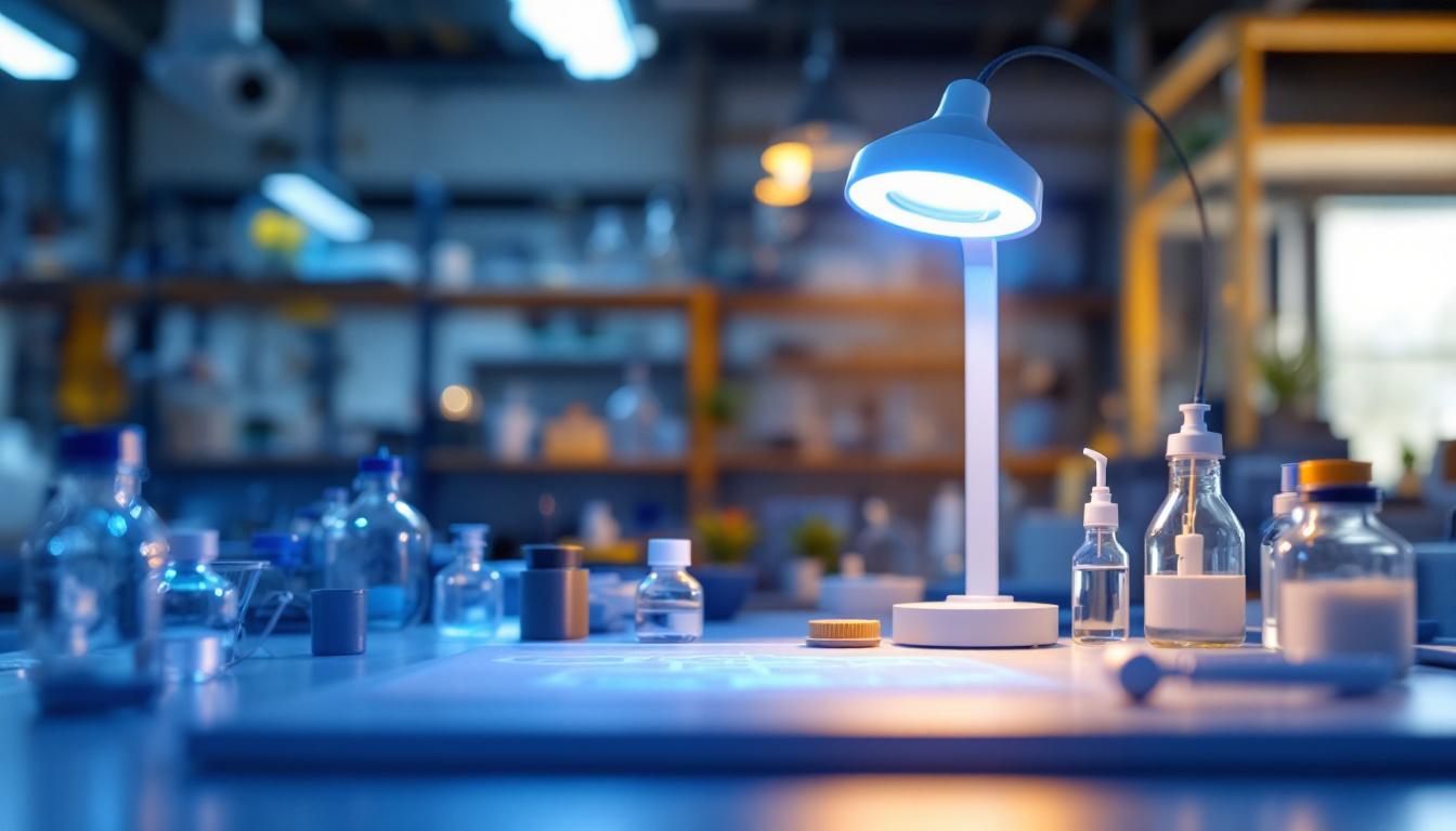 A photograph of a well-lit laboratory workspace featuring a modern lab lamp illuminating a detailed lighting installation project