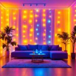 A photograph of capture a photograph of a beautifully lit room or outdoor space showcasing vibrant 110v strip led lights in various colors and placements