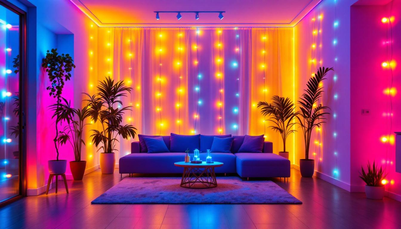 A photograph of capture a photograph of a beautifully lit room or outdoor space showcasing vibrant 110v strip led lights in various colors and placements