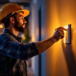 A photograph of a lighting contractor installing a timed light switch in a modern commercial space