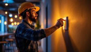 A photograph of a lighting contractor installing a timed light switch in a modern commercial space