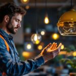 A photograph of a skilled lighting contractor examining a stylish pendant light in a well-lit