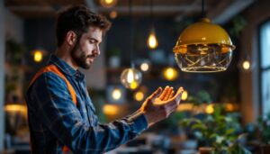 A photograph of a skilled lighting contractor examining a stylish pendant light in a well-lit