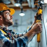 A photograph of a lighting contractor in action