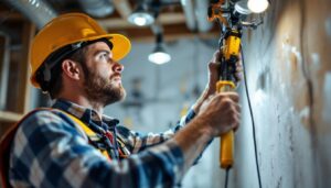 A photograph of a lighting contractor in action
