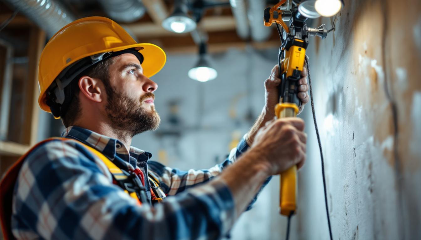 A photograph of a lighting contractor in action