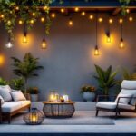 A photograph of a beautifully styled outdoor space featuring a variety of lantern hanging lights in different designs and settings