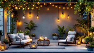 A photograph of a beautifully styled outdoor space featuring a variety of lantern hanging lights in different designs and settings