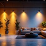 A photograph of a well-lit interior space showcasing various lighting installations
