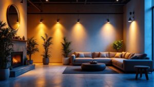 A photograph of a well-lit interior space showcasing various lighting installations