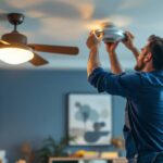 A photograph of a skilled lighting contractor expertly installing or adjusting stylish ceiling fans and modern light fixtures in a beautifully designed room