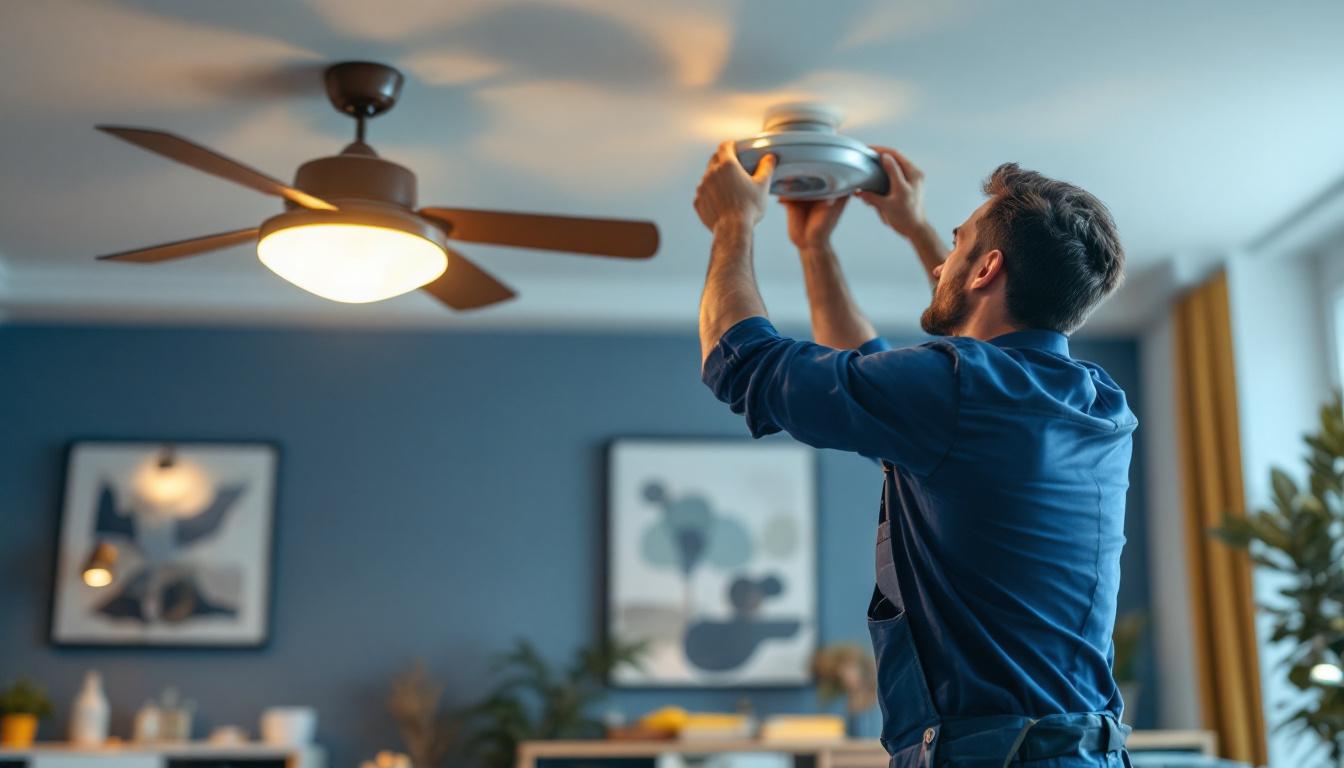A photograph of a skilled lighting contractor expertly installing or adjusting stylish ceiling fans and modern light fixtures in a beautifully designed room
