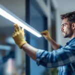A photograph of a skilled lighting contractor installing a sleek led slim light fixture in a modern interior space