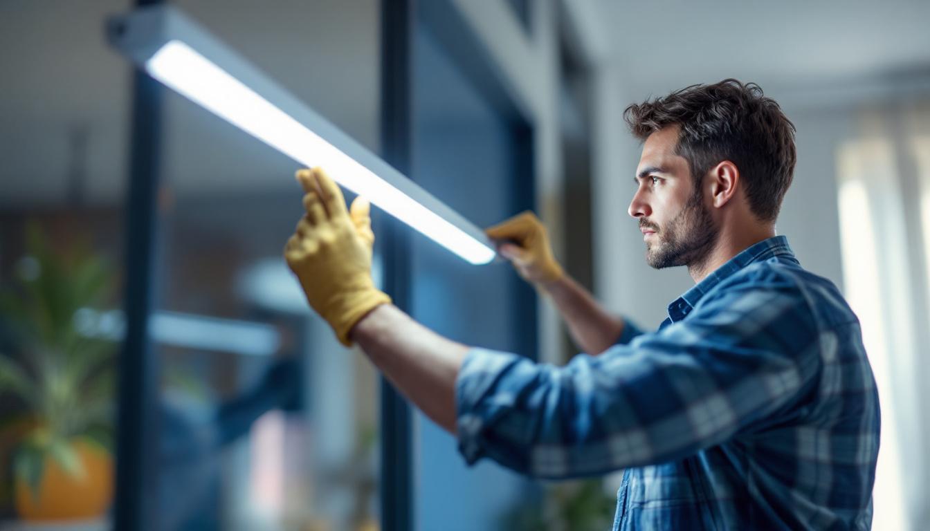 A photograph of a skilled lighting contractor installing a sleek led slim light fixture in a modern interior space