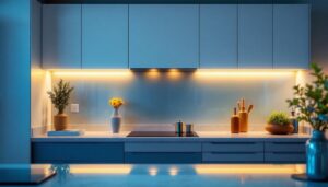A photograph of a beautifully illuminated kitchen featuring sleek led lights installed under the cabinets