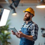 A photograph of a lighting contractor assessing different lighting fixtures in a well-lit space