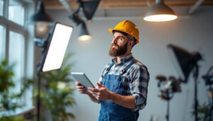 A photograph of a lighting contractor assessing different lighting fixtures in a well-lit space