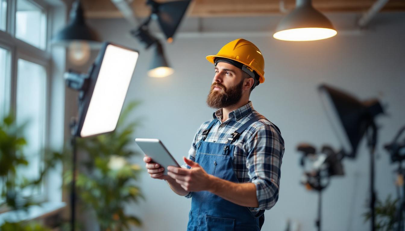 A photograph of a lighting contractor assessing different lighting fixtures in a well-lit space