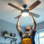A photograph of a skilled lighting contractor expertly installing a stylish ceiling fan with integrated lighting in a modern home setting