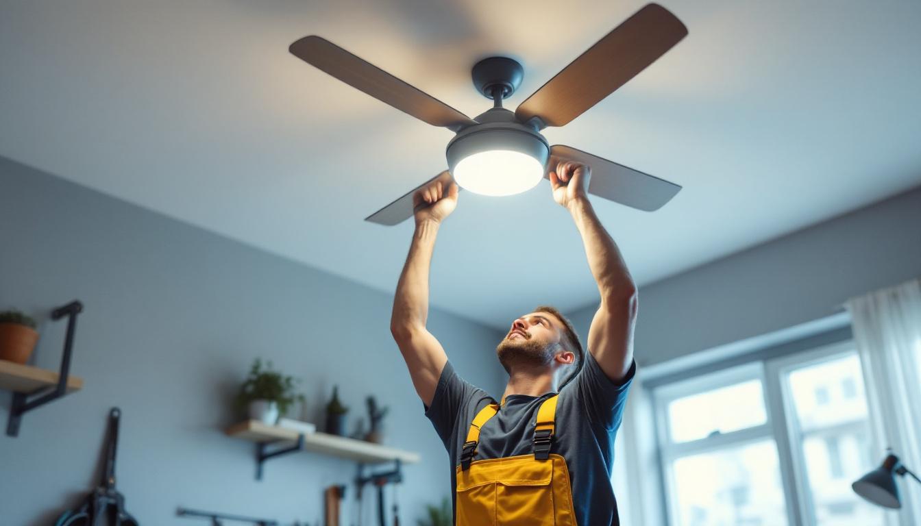 A photograph of a skilled lighting contractor expertly installing a stylish ceiling fan with integrated lighting in a modern home setting