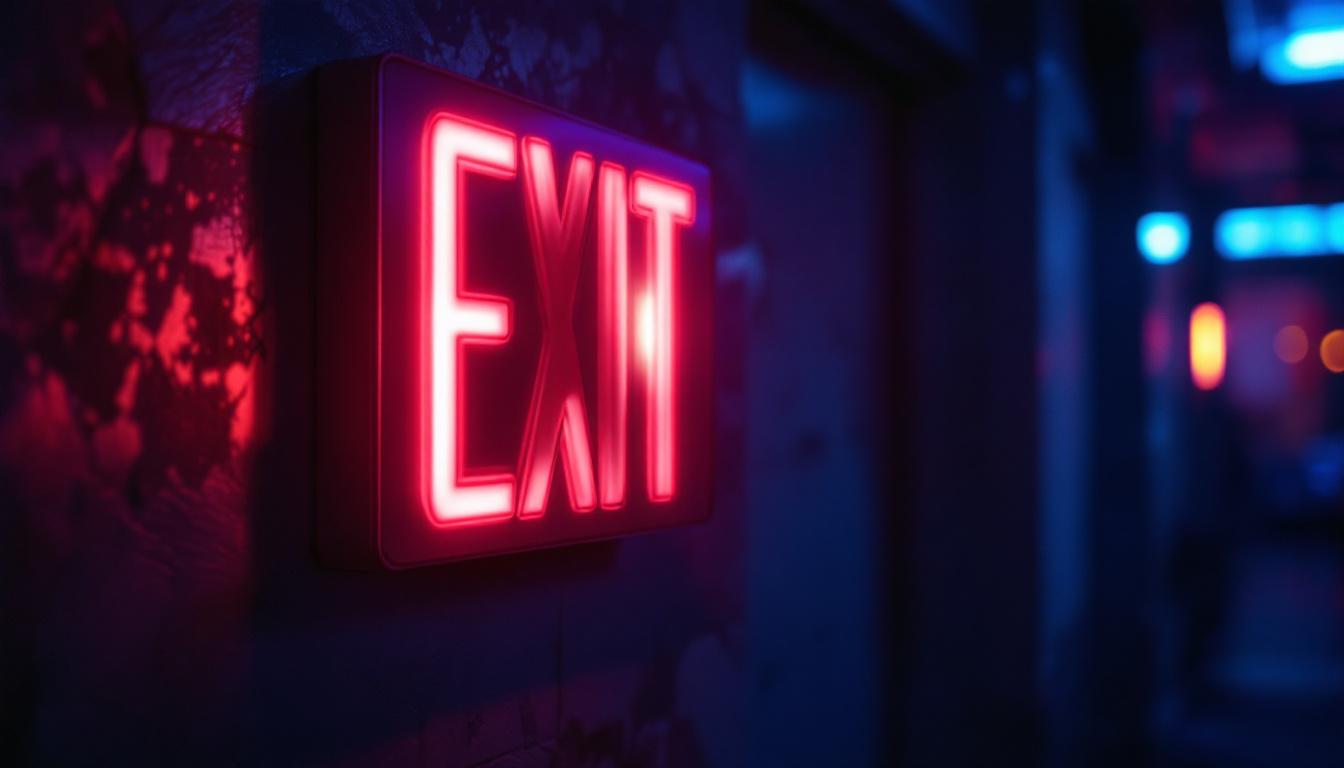 A photograph of a glowing incandescent exit sign in a dimly lit environment