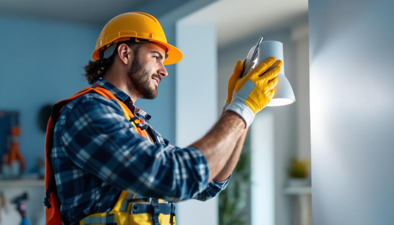 A photograph of a lighting contractor installing a light fixture mount in a residential or commercial space