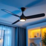 A photograph of a modern ceiling fan kit installed in a stylishly lit room