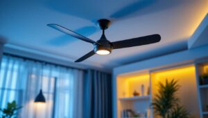 A photograph of a modern ceiling fan kit installed in a stylishly lit room