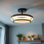 A photograph of a stylish round ceiling lamp installed in a modern interior setting