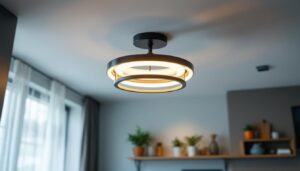 A photograph of a stylish round ceiling lamp installed in a modern interior setting