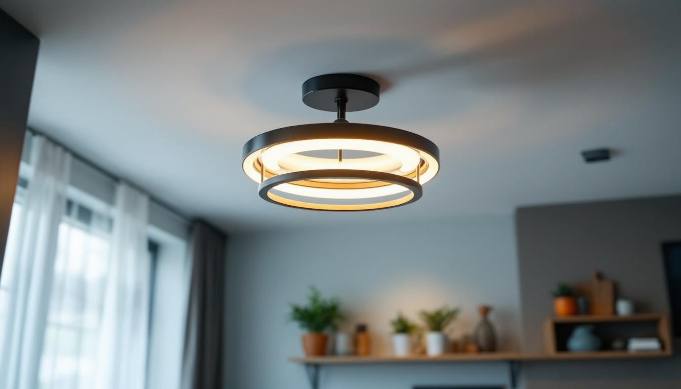 A photograph of a stylish round ceiling lamp installed in a modern interior setting